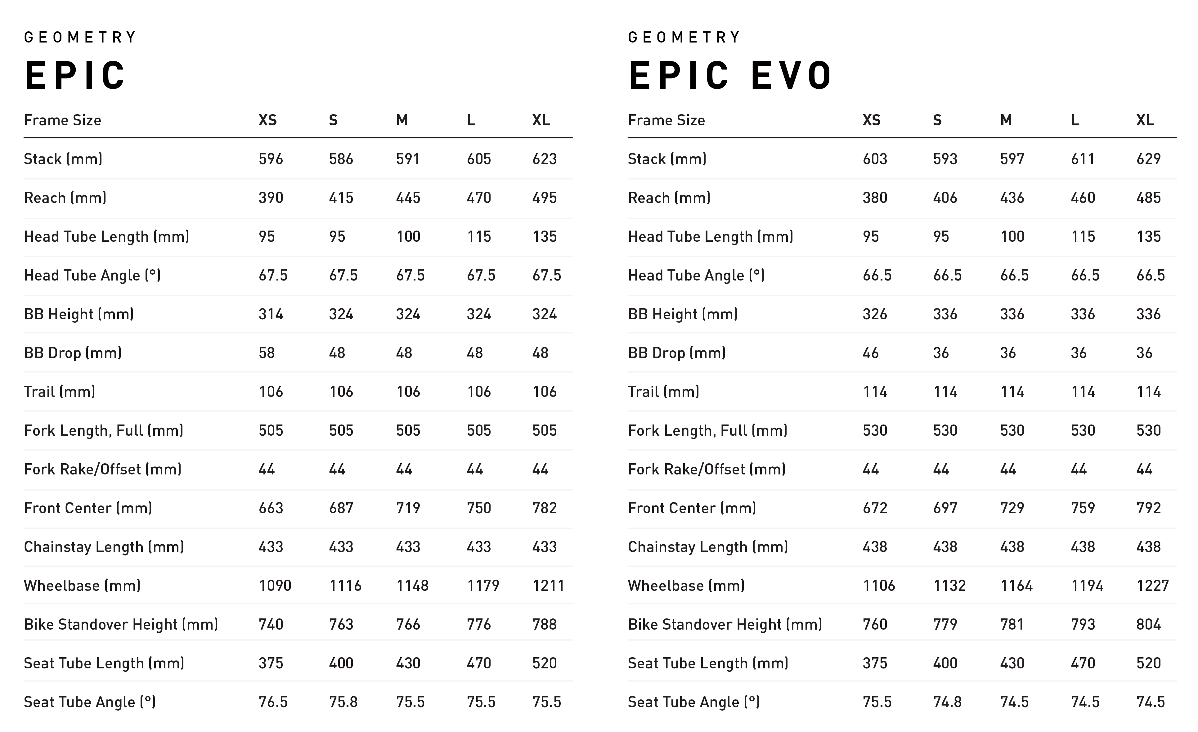 Epic en Epic Evo geometrie overzicht