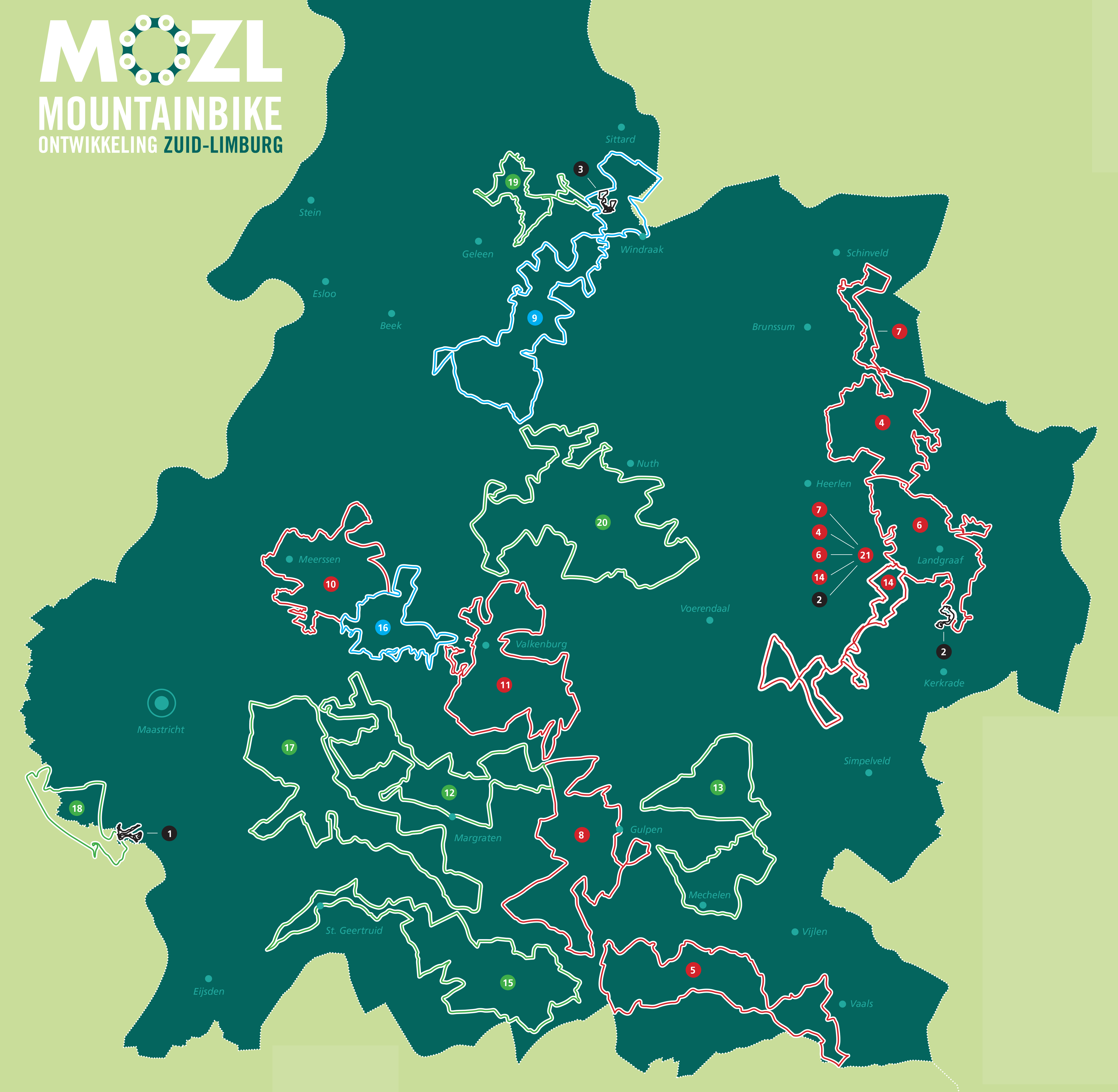 Overzichtskaart mountainbikeroutes Zuid-Limburg