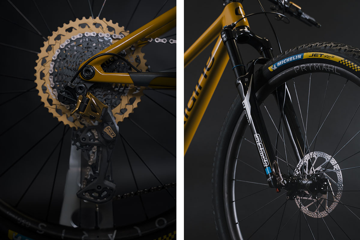 Origine Théorème FS Team Edition: Suntour Axon 34 voorvork en TRP Evo 12 onderdelen