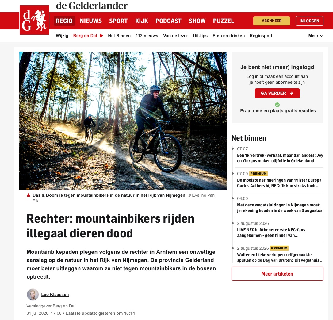 De Gelderlander kopt: "Rechter: mountainbikers rijden illegaal dieren dood" 31 juli 2026 – Suggestieve titel die uitspraak van rechter uit verband trekt