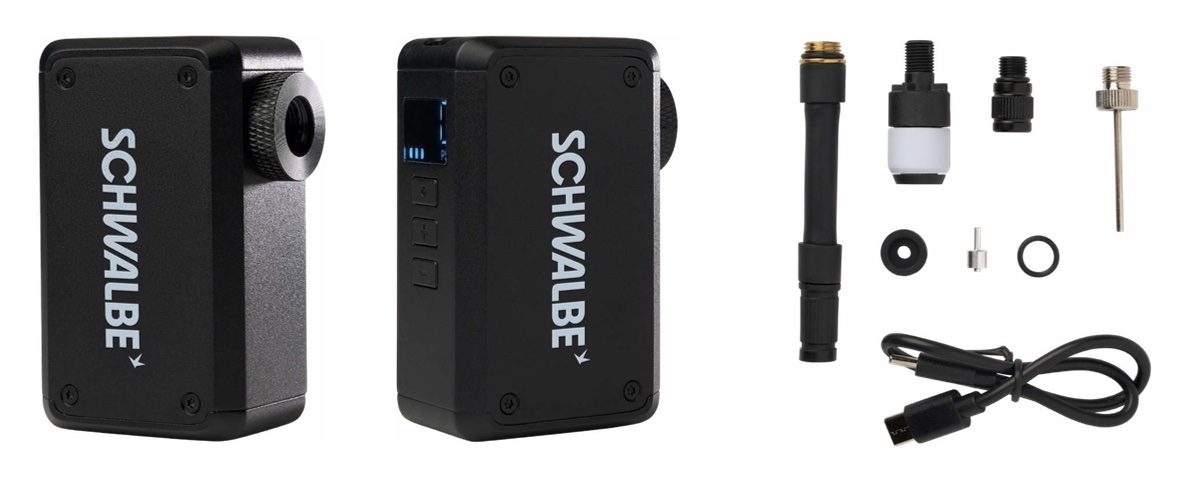 Schwalbe E-Micro Pump inclusief alle ventieladapters en accessoires
